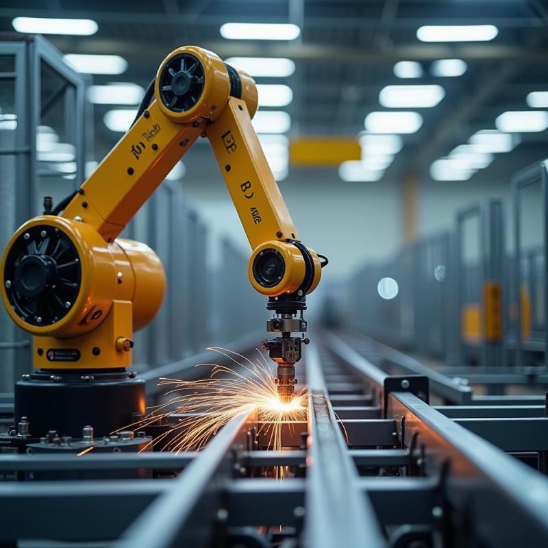 Một robot công nghiệp hiện đại đang làm việc trên dây chuyền sản xuất trong một nhà máy cơ khí tự động, minh họa tự động hóa và robot trong ngành